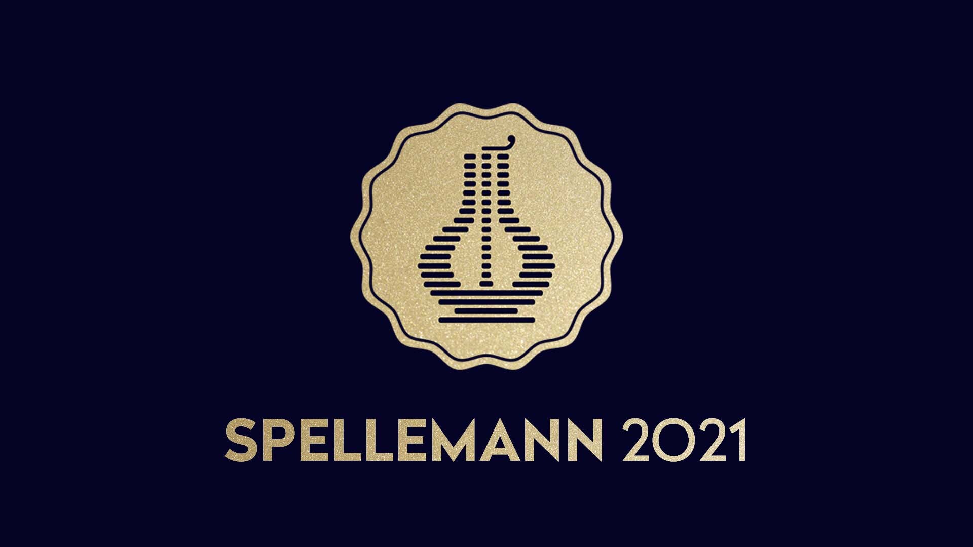 Spellemannlogo - gullfarget emblem med svart harpe inni